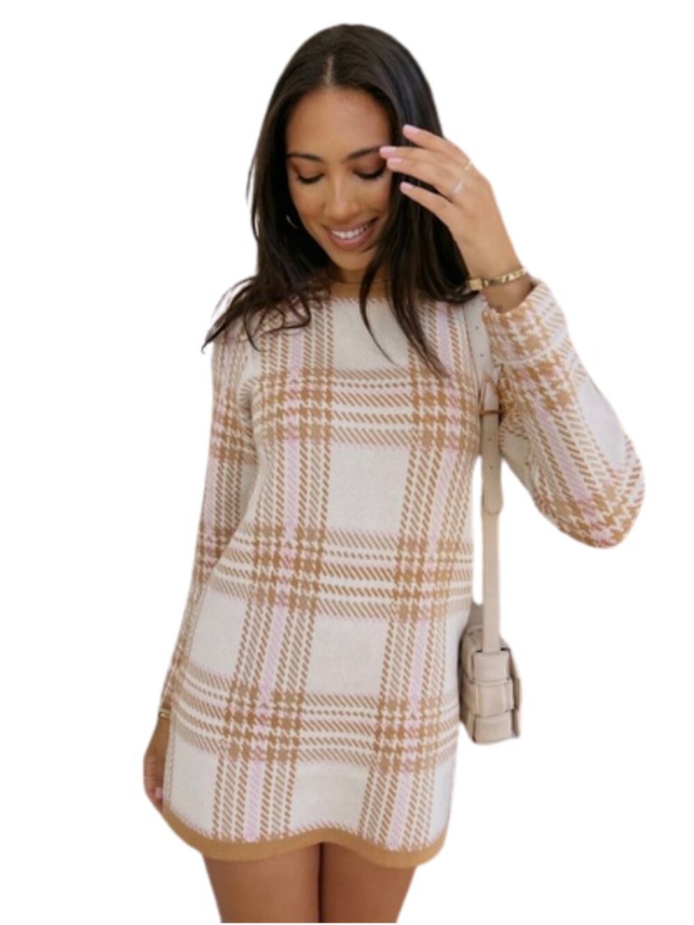 Show Me Your Mumu Plaid Sweater Dress XS Cream Beige Cozy Knit Mini
